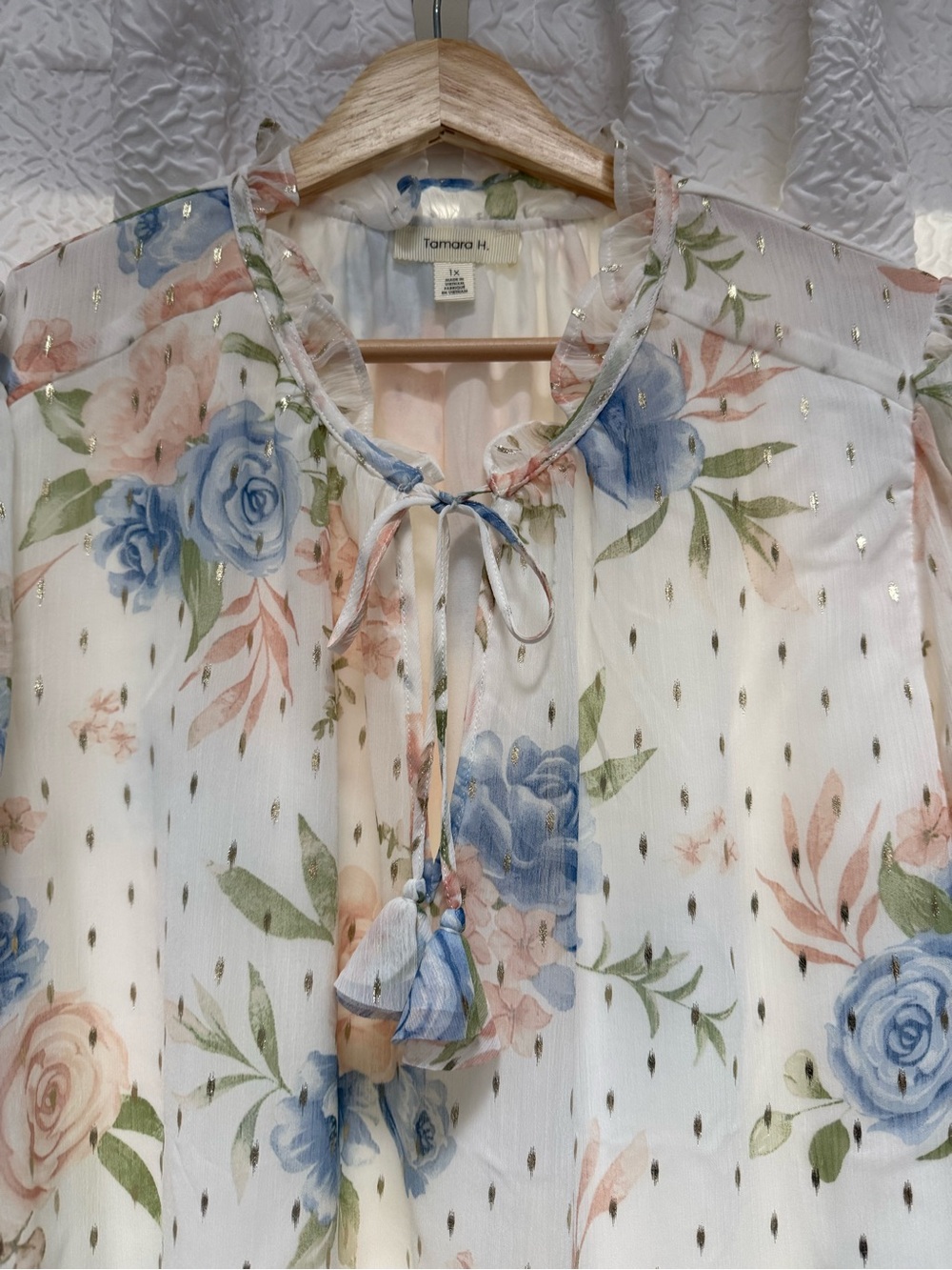 Tamara H. Cream Floral Tie-Neck Blouse with Blue & Blush Roses
